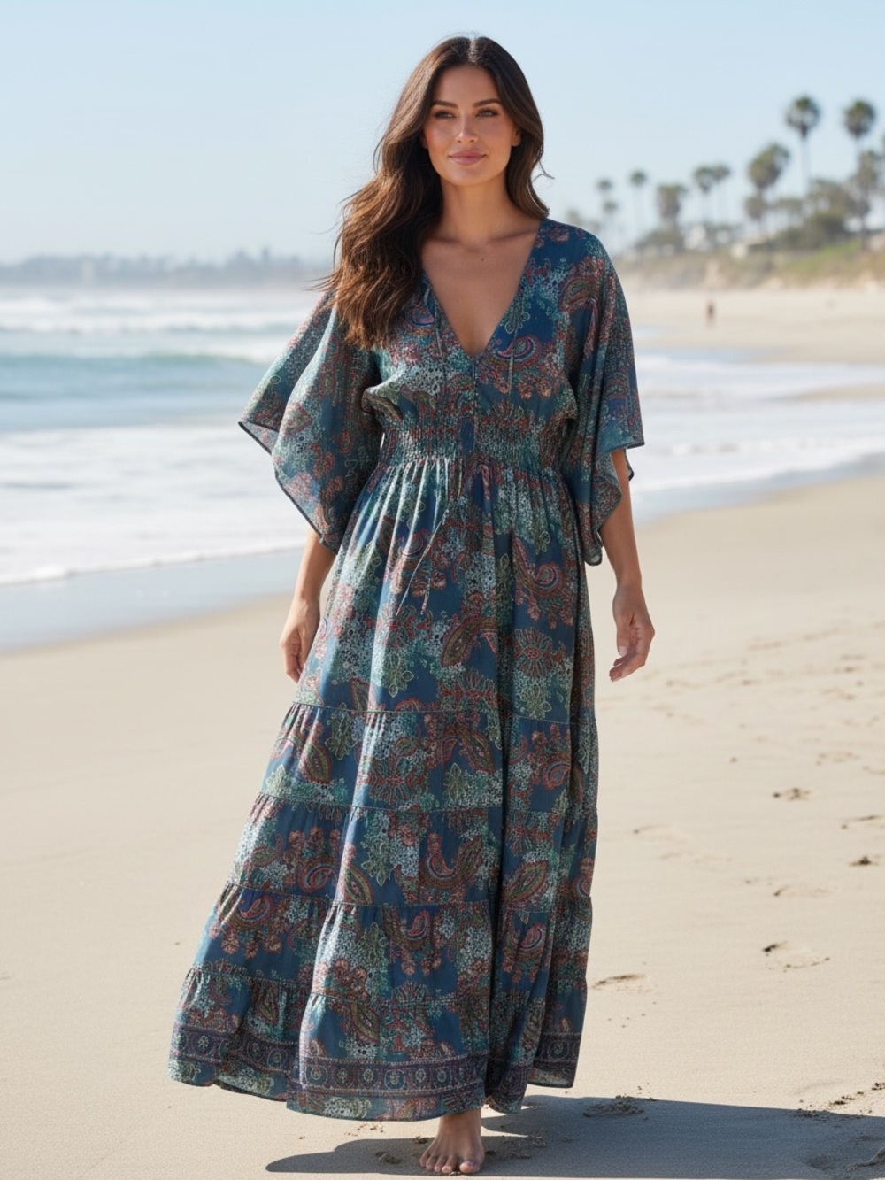 Boho Paisley Teal Smocked Waist Flutter Sleeve Maxi Dress